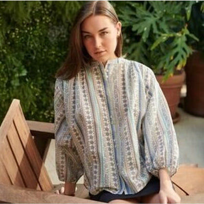 Sundays Multi Color Floral Balloon Sleeve Button Front Blouse Womens Medium
