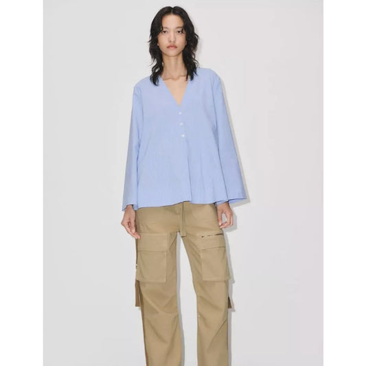 NWT Zara Blue White Stripe V Neck Button Front Vent Poplin Shirt Womens Small