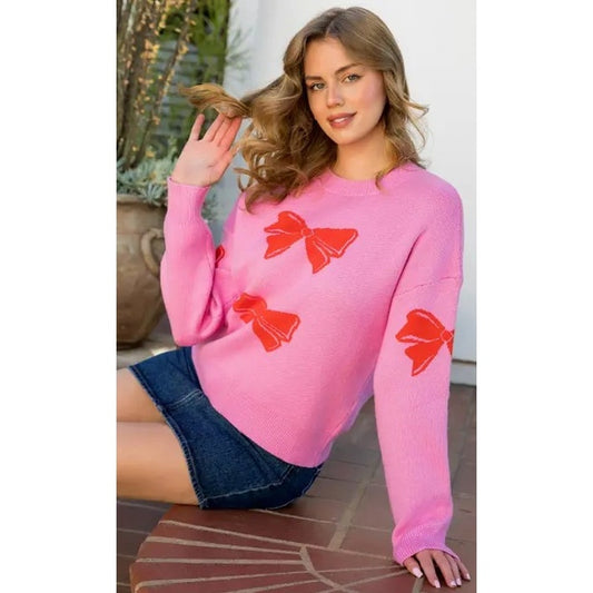 NWT THML Pullover Crewneck Bow Sweater Pink Red Womens Size XS
