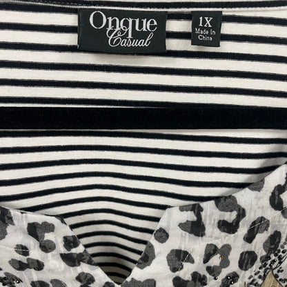 Onque Casual Short Sleeve Striped Cheetah Cat Print Top Womens Plus Size 1X