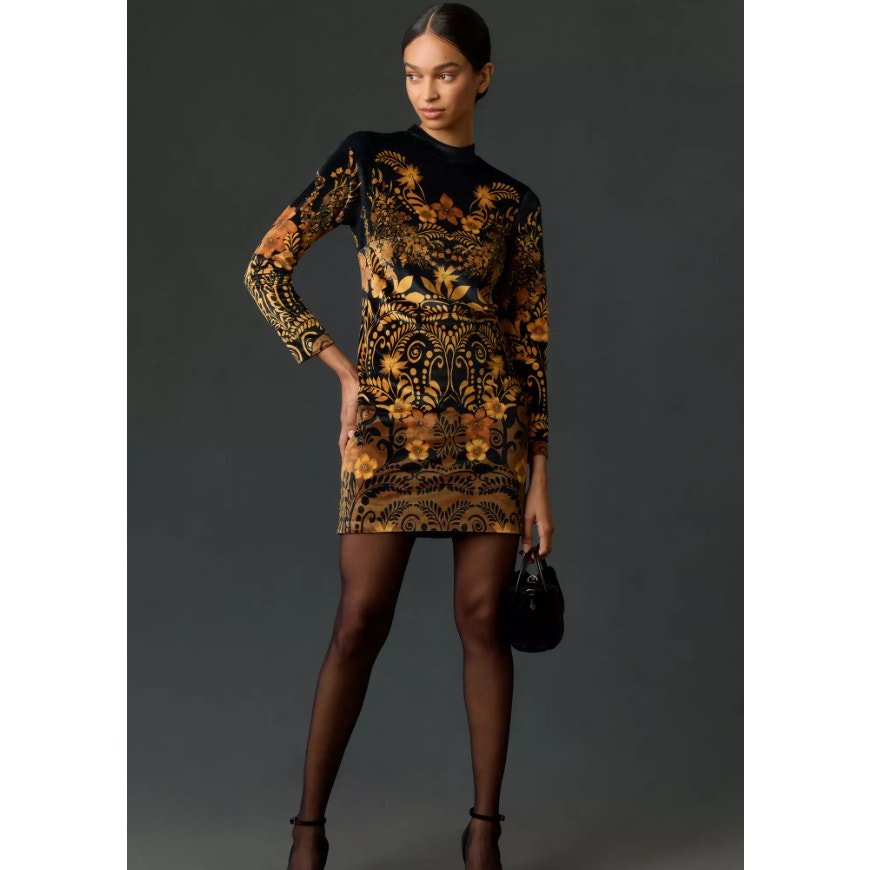 by Anthropologie Long-Sleeve Printed Velvet Mini Dress Womens Petite Medium