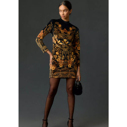 by Anthropologie Long-Sleeve Printed Velvet Mini Dress Womens Petite Medium