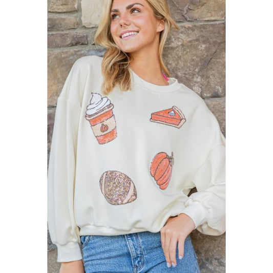 Simply Southern Cream Orange Pumpkin Sequin Pullover Sweatshirt Womens Small