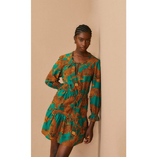 Farm Rio Green Artsy Leopards Print Long Sleeve Front Tie Mini Dress Womens XS