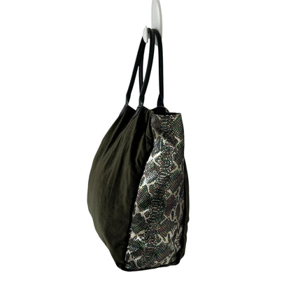 Momo Anthropologie Dark Green Velour Metallic Snakeskin Double Handle Tote Bag