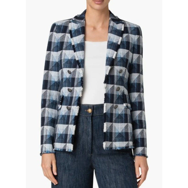 NWT Akris Punto Navy Sky Cream Cotton Blend Front Clasp Denim Blazer Womens US 2