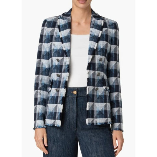 NWT Akris Punto Navy Sky Cream Cotton Blend Front Clasp Denim Blazer Womens US 2