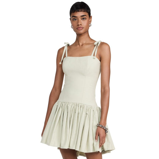 NWT Rendoll Sage Green Tie Strap Drop Waist Pleated Mini Dress Womens 4
