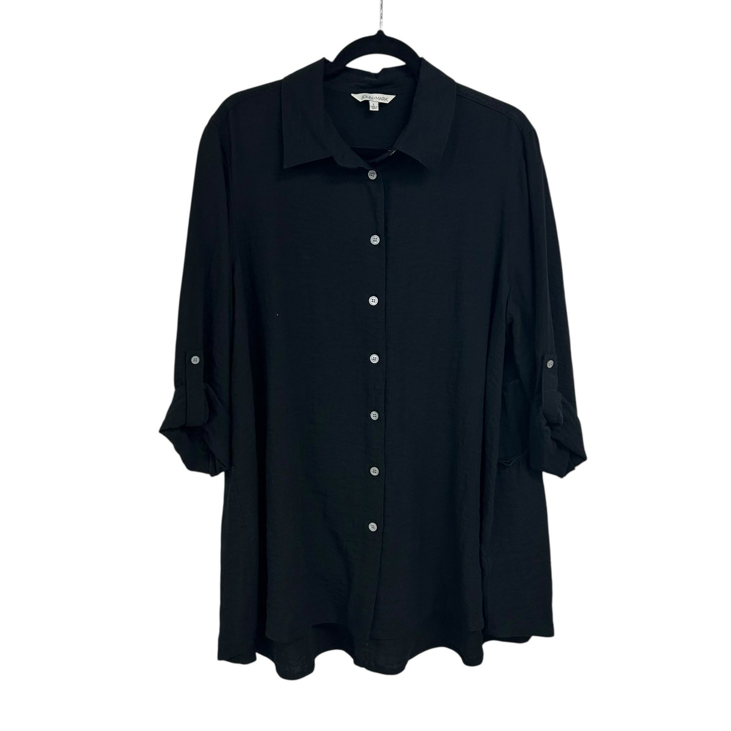 NWT John Mark Black Roll Tab Sleeve Button Up Ruffle Back Top Womens Large