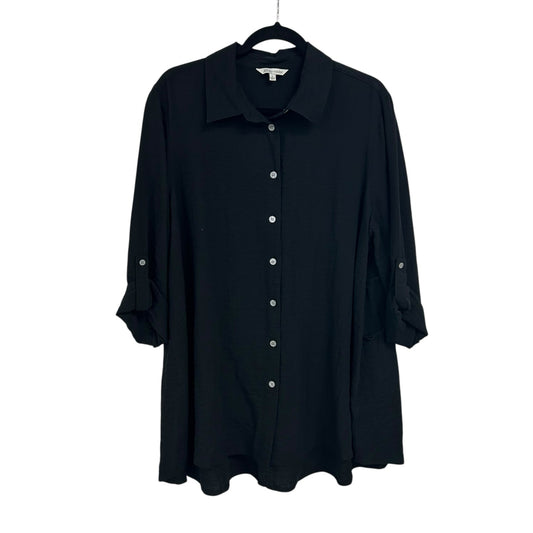 NWT John Mark Black Roll Tab Sleeve Button Up Ruffle Back Top Womens Large