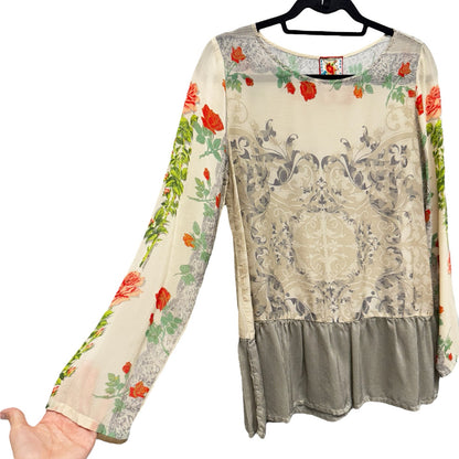 Johnny Was Floral Print Long Sleeve Round Neck Baby Doll Top Womens X-Small