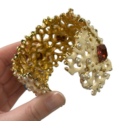 KJL by Kenneth Jay Lane Coral Enamel Pearl & Gem Embellished Cuff Bracelet