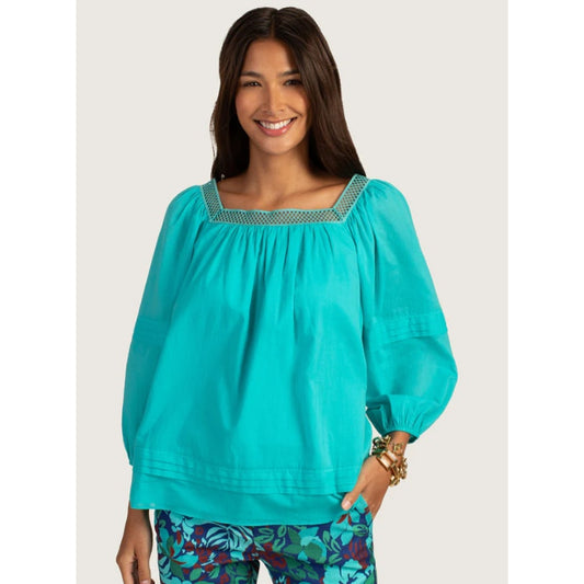 NWT Trina Turk Oasis Blue Square Neckline 3/4 Sleeve El Arsa Top Womens Small