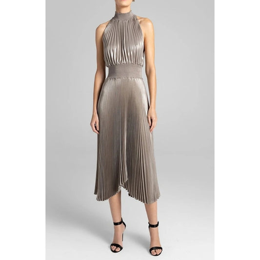 A.L.C. Metallic Antique Gold Renzo Pleated Sleeveless Midi Dress Womens 2