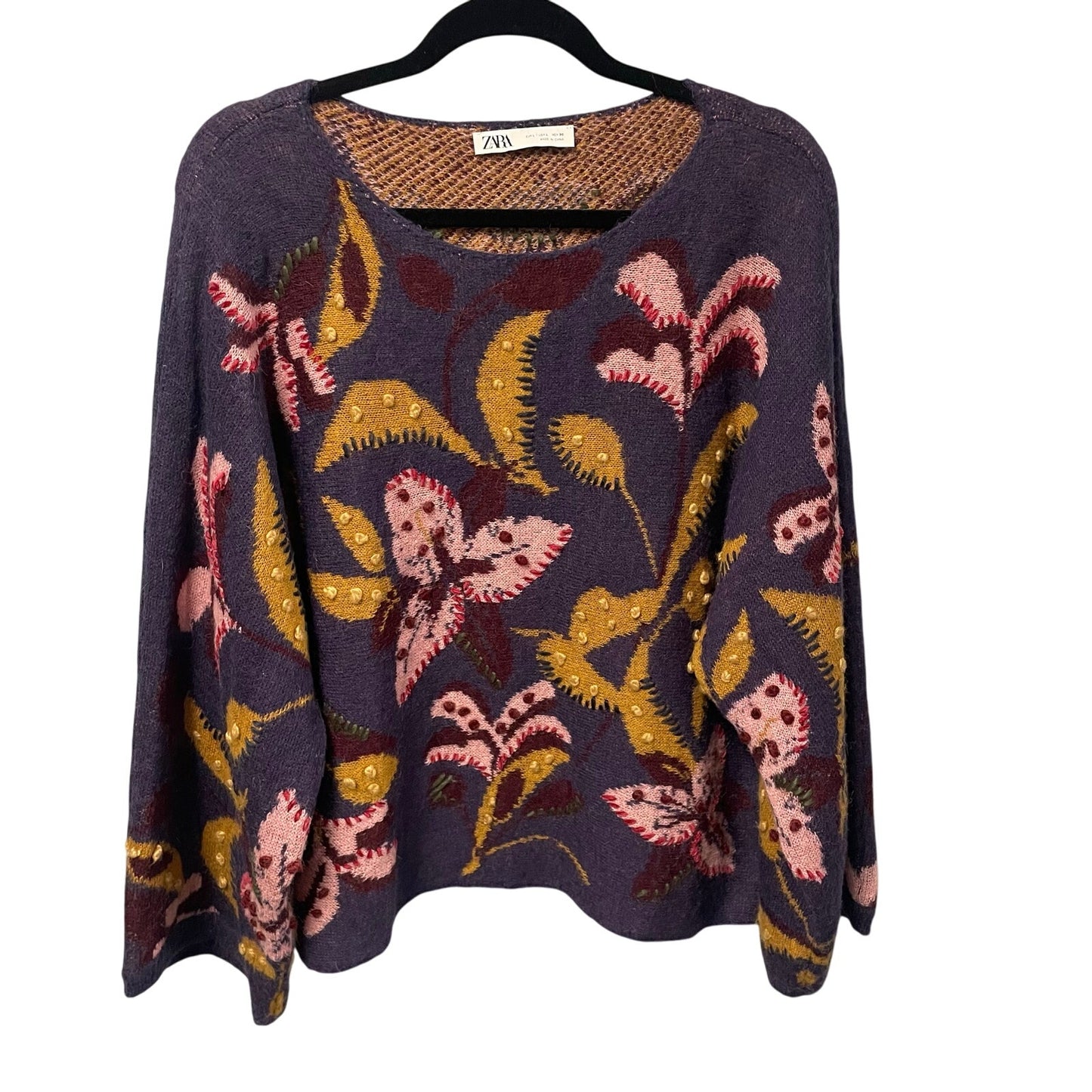 Zara Floral Embroidered Wool Blend Knit Flare Sleeve Jumper Sweater Womens Large