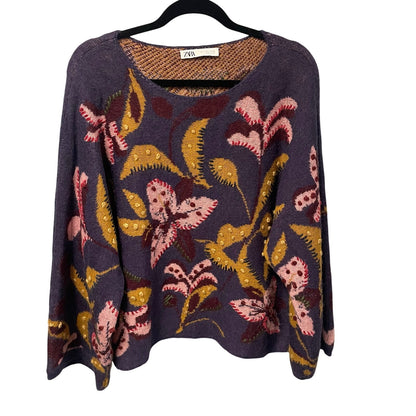 Zara Floral Embroidered Wool Blend Knit Flare Sleeve Jumper Sweater Womens Large