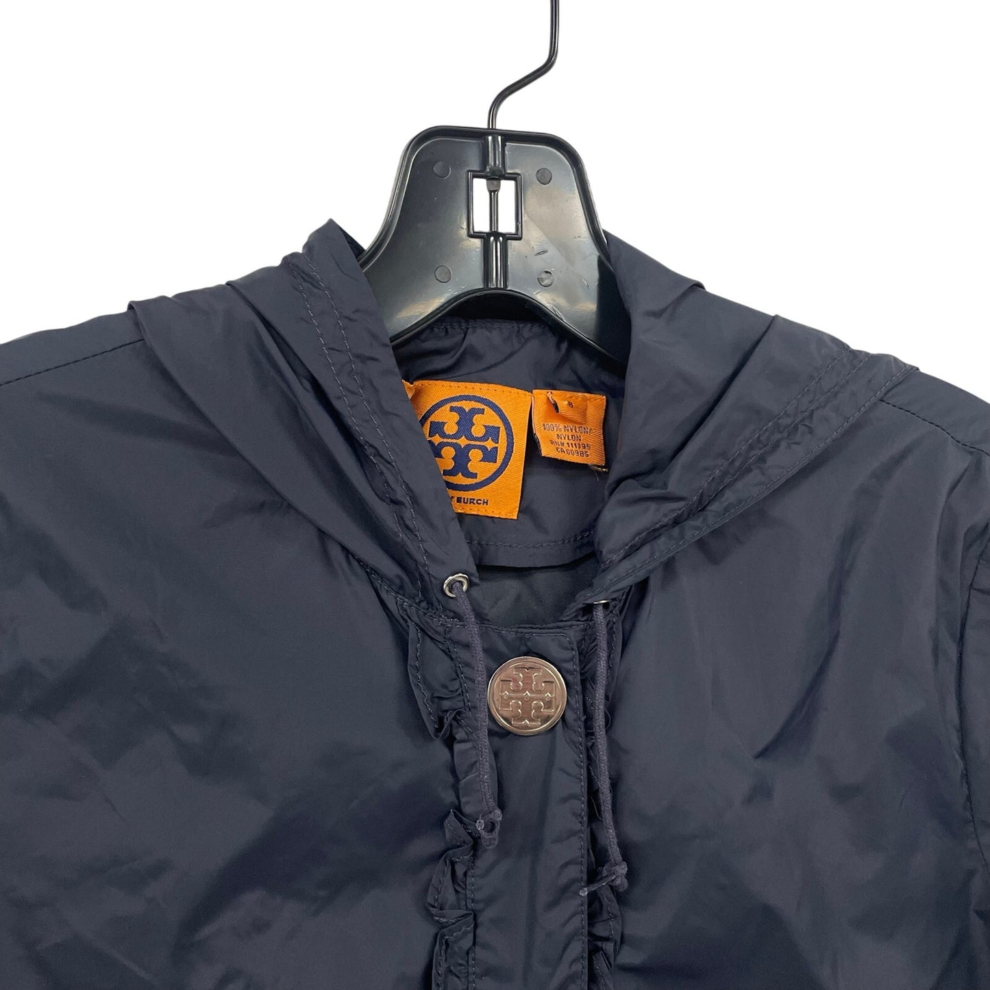Tory Burch 100% Nylon Snap Button Up Hooded Rain Jacket Navy Blue Womens 6