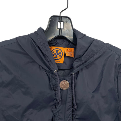 Tory Burch 100% Nylon Snap Button Up Hooded Rain Jacket Navy Blue Womens 6
