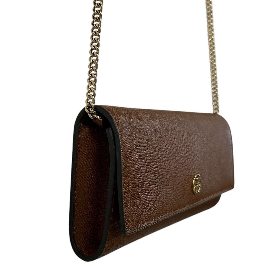 Tory Burch Brown Leather Gold Chain Fold Over Card Slot Crossbody / Clutch