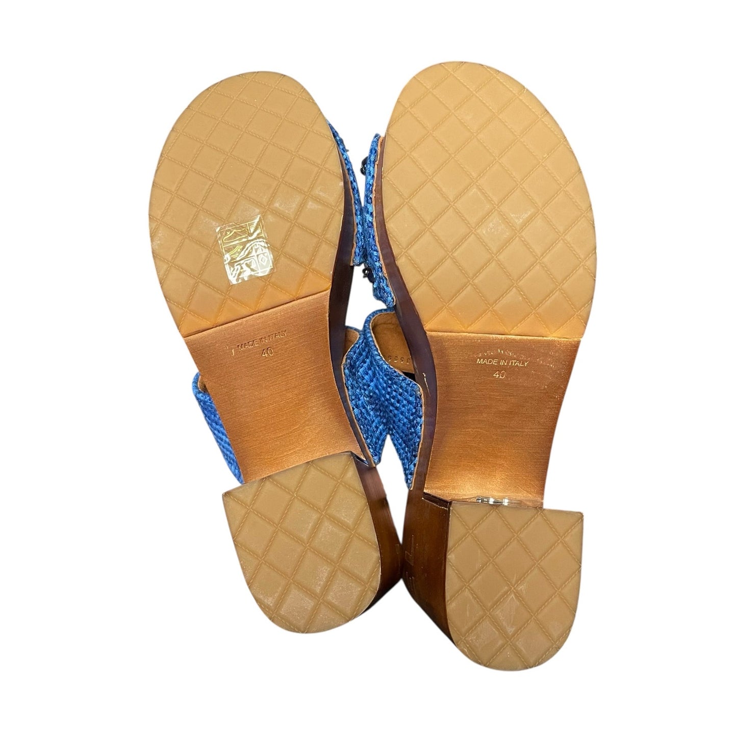 Chanel Chain Platform Slide Sandals Tweed Wood Heel Blue Brown Womens 40 / US 9