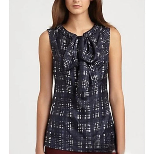 Tory Burch Navy White Sleeveless Tie Neck Silk Saffield Blouse Tank Womens 8