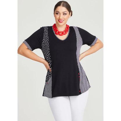Parsley & Sage Black White Natural Spot Stripe Cotton Blend Top Womens 1X