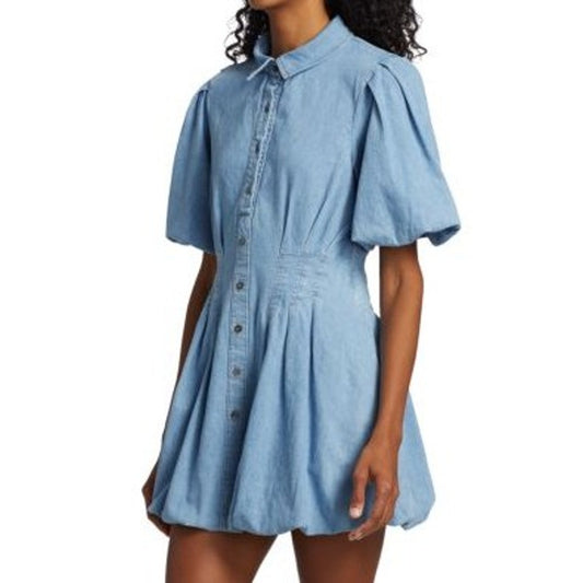NWT Johnathan Simkhai Standard Blue Denim Puff Sleeve Ciara Mini Dress Womens 2