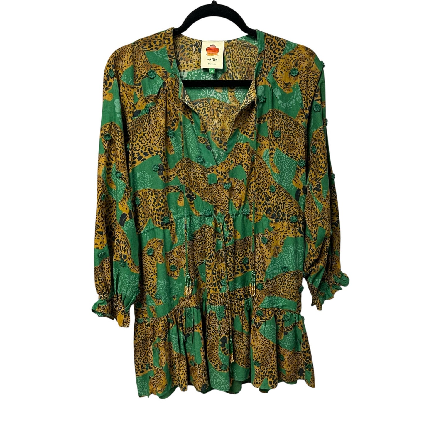 Farm Rio Green Artsy Leopards Print Long Sleeve Front Tie Mini Dress Womens XS
