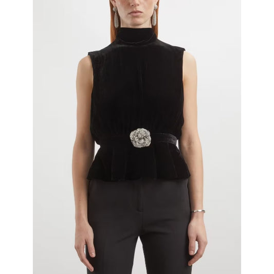 NWT Saloni Black Sleeveless High Neck Fleur Velvet Rose Applique Top Womens 6
