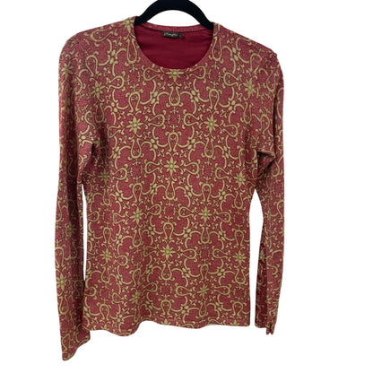 J. McLaughlin Red Gold Metallic Knit Long Sleeve Top Womens Size Small