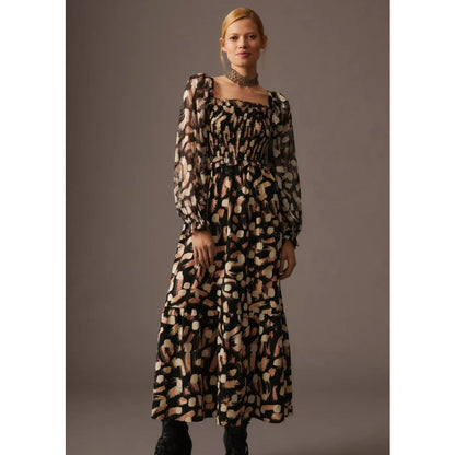 NWT Moon River Black Tan Printed Smocked Square-Neck Dress Womens Size Medium