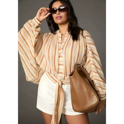 NWT by Anthropologie Yellow White Brown Stripe Tie-Front Blouse Womens Medium