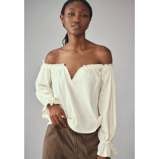 by Anthropologie Off-The-Shoulder Swing Cotton V Neck Blouse Womens Medium