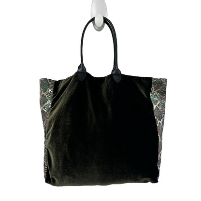 Momo Anthropologie Dark Green Velour Metallic Snakeskin Double Handle Tote Bag