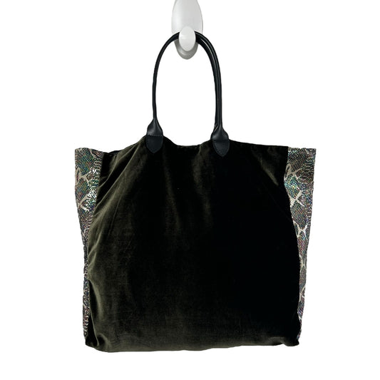 Momo Anthropologie Dark Green Velour Metallic Snakeskin Double Handle Tote Bag