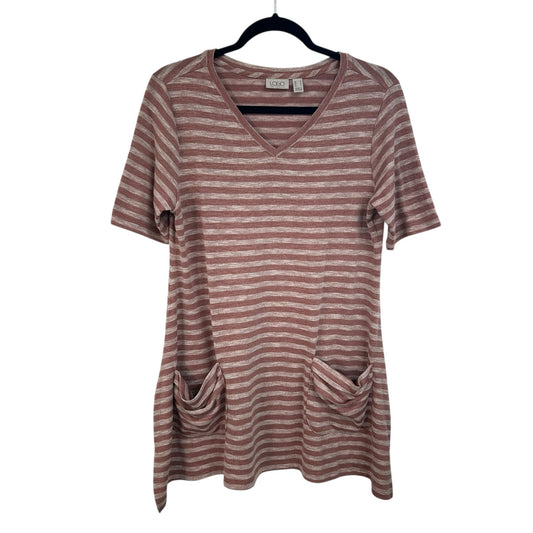 Logo by Lori Goldstein Red Tan Stripe Short Sleeve Tunic Top Womens Medium