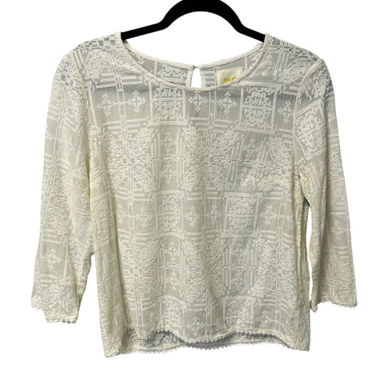 Maeve Ivory Textured Semi Sheer Rayon 3/4 Sleeve Crochet Trim Top Womens Small