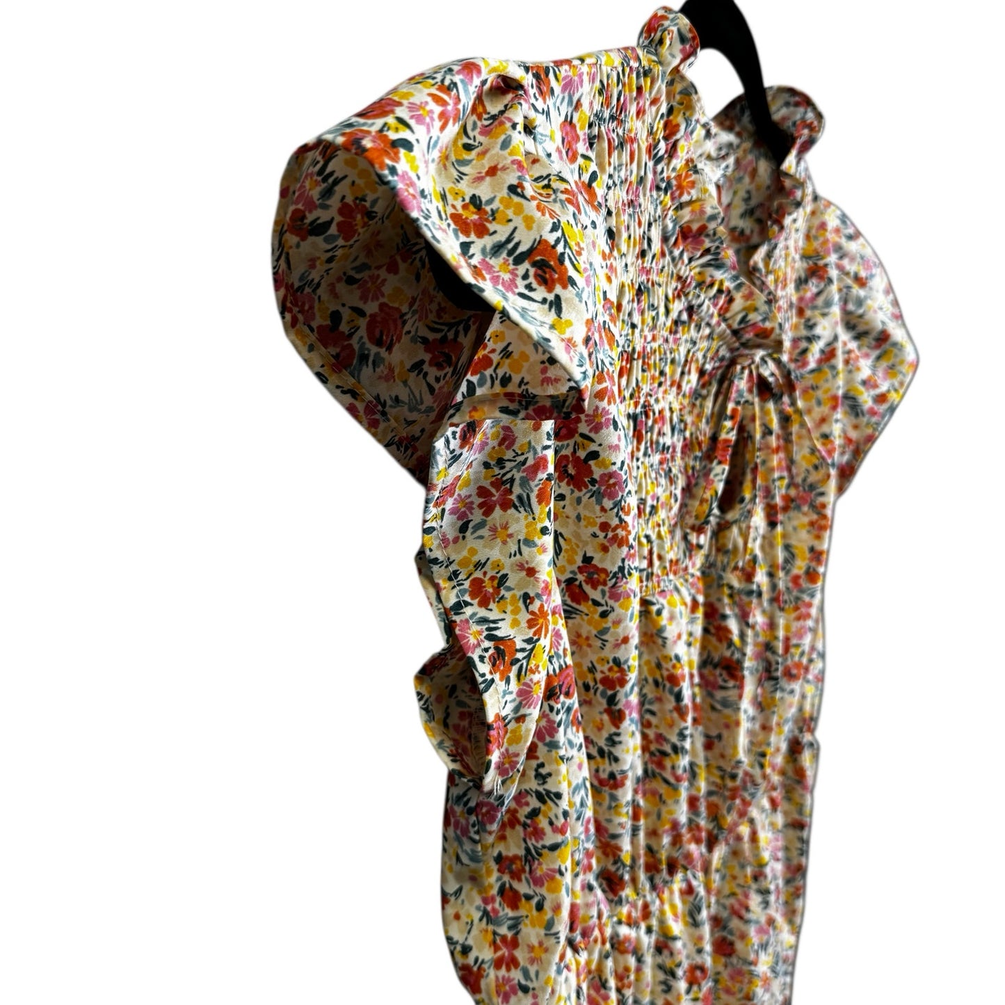 Umgee Multi Color Floral Print Flutter Sleeve Neck Tie Smocked Dress Women Large