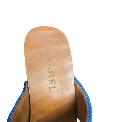 Chanel Chain Platform Slide Sandals Tweed Wood Heel Blue Brown Womens 40 / US 9
