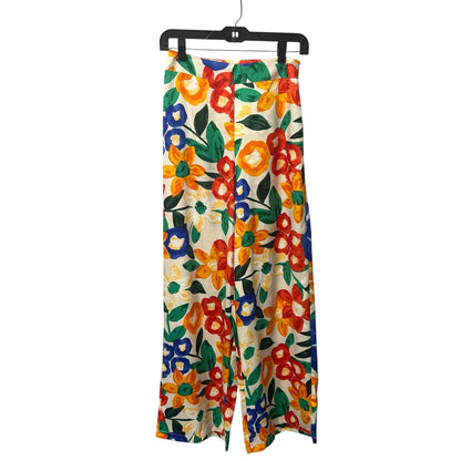 NWT TCEC Cream Multicolor Floral Print Wide Leg Side Zip Pants Womens Small