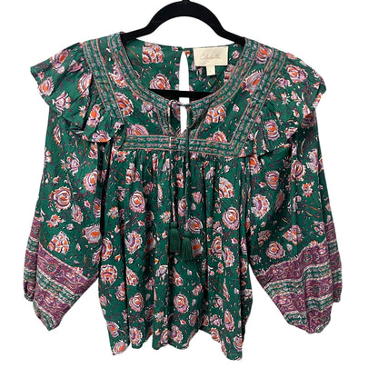Cleobella Puff Sleeve Tie Neck Mylah Blouse In Jade Floral Green Purple Large