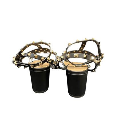 Valentino Garavani Rockstud Block Heel Gladiator Sandals Black Gold 39 / US 9