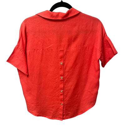 Vilagallo 100% Linen Split Neck Short Sleeve Popover Top Coral Red 36 / US 4