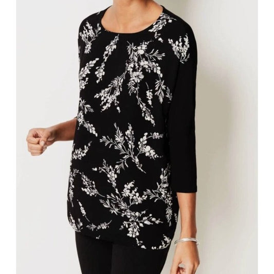 NWT J. Jill Black Floral 3/4 Sleeve Round Neck Wearever Top Women X-Large Petite