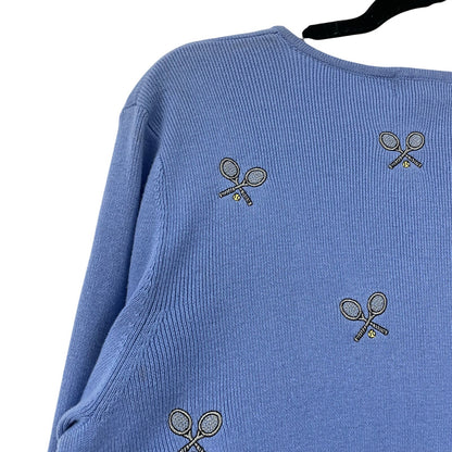 Vintage Carole Little Tennis Theme Embroidered Blue Sweater Petite Large AS IS