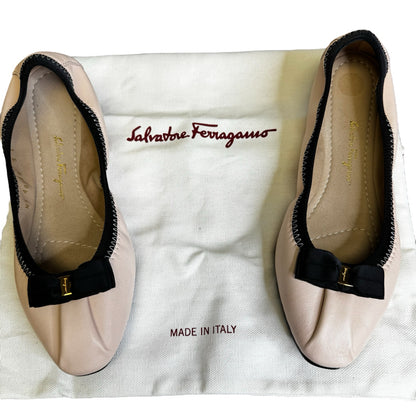 Salvatore Ferragamo Blush Black Vara Bow Accent Leather Ballet Flats Womens 6