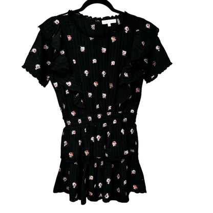 LoveShackFancy Short Sleeve Ruffle Mini Natasha Dress Black Combo Floral Size XS