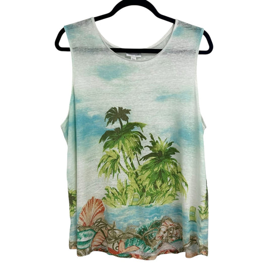 J. Jill Love Linen Multicolor Beach Palm Trees 100% Linen Tank Top Womens Large