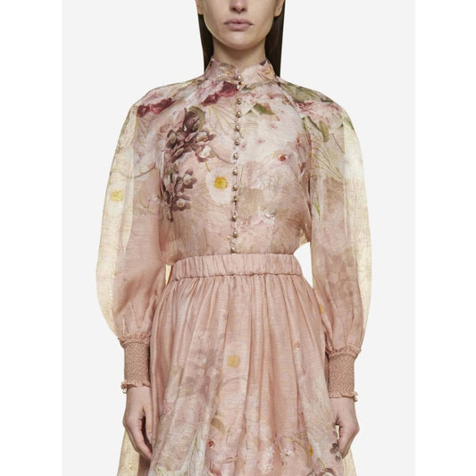 NWT Zimmermann Blush Dancer Floral Long Sleeve Silk Linen Blouse Womens 1 / US 6