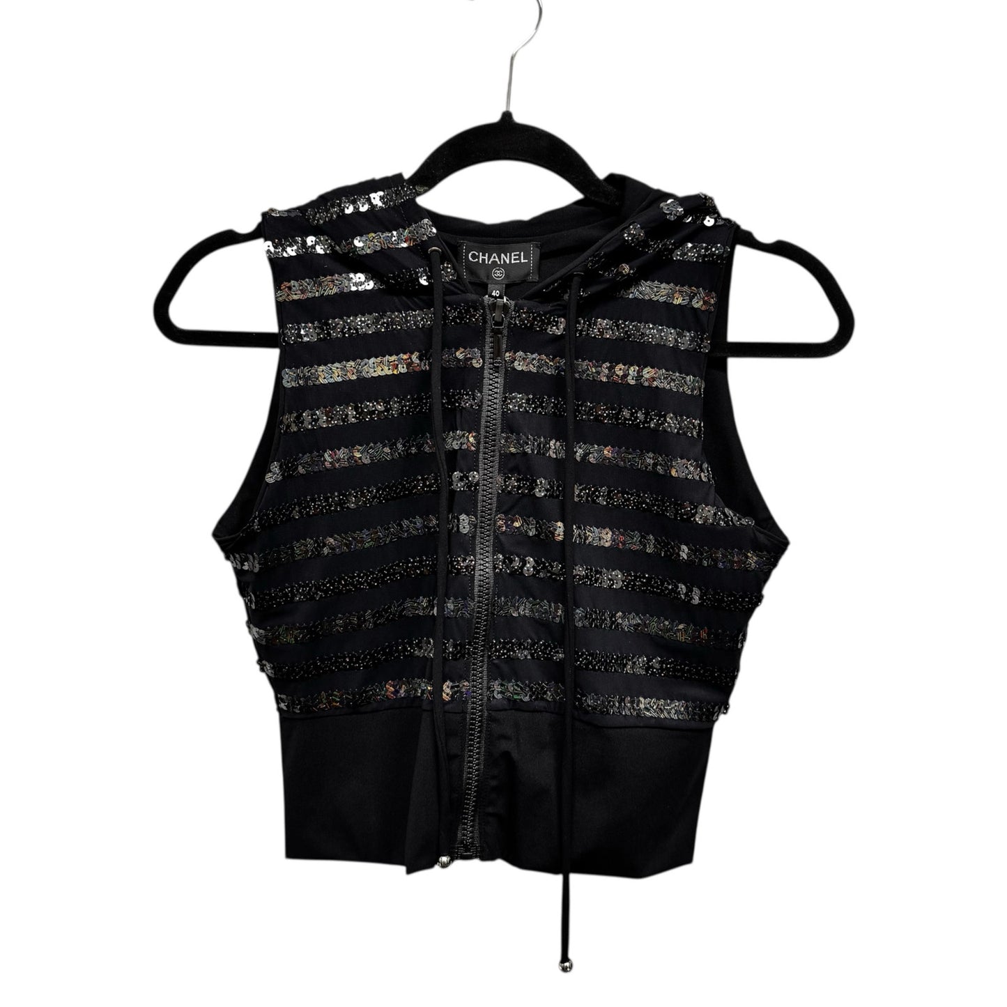 NWT Chanel Black Sequin Embellished Sleeveless Hooded Zip Up Vest Womens 6